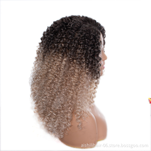 Wholesale heat resistant ombre black hair root to blonde kinky curly long wig hair synthetic hair wigs for women